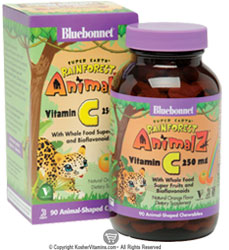 Bluebonnet Kosher Super Earth Rainforest Animalz Vitamin C Chewable Natural Orange Flavor 90 Chewable Tablets