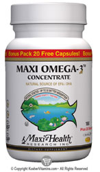 Maxi Health Kosher Maxi Omega-3 Fish Oil Concentrate EPA/DHA 360/240 Bonus Pack - 20 Free Capsules 180 MaxiGels