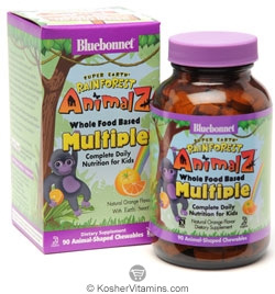 Bluebonnet Kosher Super Earth Rainforest Animalz Chewble Whole Food Based Multiple Orange Flavor 90 Chewables
