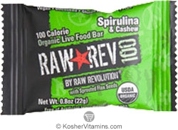 Raw Revolution Kosher 100 Calorie Organic Live Food Bar Spirulina & Cashew Parve 20 Bars