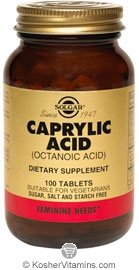 Solgar Caprylic Acid (Octanoic Acid) Vegetarian Suitable Not Certified Kosher 100 Tablets