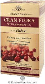 Solgar Cran Flora (Cranberry) with Probiotics plus Ester-C Vegetarian Suitable not Certified Kosher 60 Vegetable Capsules