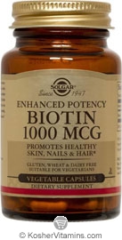 Solgar Kosher Biotin 1000 Mcg. 250 Vegetable Capsules