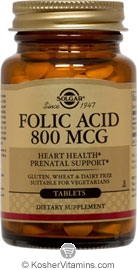 Solgar Kosher Folic Acid 800 Mcg. 100 Tablets