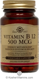 Solgar Kosher Vitamin B12 500 Mcg 250 Vegetable Capsules