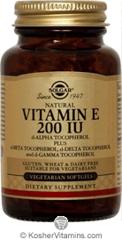 Solgar Vitamin E  (d-Alpha Tocopherol & Mixed Tocopherols) 200 IU  Vegetarian Suitable Not Certified Kosher 100 Vegetarian Softgels