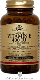Solgar Vitamin E (d-Alpha Tocopherol & Mixed Tocopherols) 400 IU Vegetarian Suitable Not Certified Kosher 100 Vegetarian Softgels