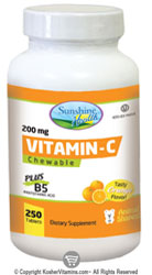 Sunshine Health Kosher Vitamin-C 200 mg Chewable Plus B5 Animal Shapes Tasty Orange Flavor 250 Aminal Shapes