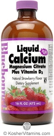 Bluebonnet Kosher Liquid Calcium Magnesium Citrate Plus Vitamin D3 Strawberry Flavor 16 OZ