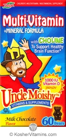 Uncle Moishy Kosher Chewable Multi-Vitamin+Mineral Formula with Choline and 1,000 IU Vitamin D Milk Chocolate Dairy Cholov Yisroel 60 Bears
