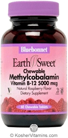 Bluebonnet Kosher EarthSweet Chewable Methylcobalamin (Vitamin B12) 5000 Mcg 60 Chewable Tablets