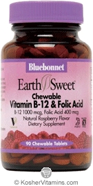 Bluebonnet Kosher EarthSweet Chewable Vitamin B12 & Folic Acid 90 Chewable Tablets