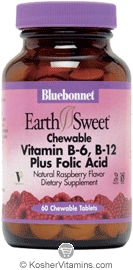 Bluebonnet Kosher EarthSweet Chewable Vitamin B6, B12 Plus Folic Acid 60 Chewable Tablets
