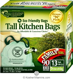Green N Pack Eco Friendly Tall Kitchen Bags with Drawstring 13 Gallon - Family Size 90 Bags