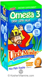 Uncle Moishy Kosher Chewable Omega-3 DHA, EPA, ALA Orange Creme Dairy Cholov Yisroel 30 Fish