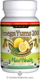 Maxi Health Kosher Omega Yums 2000 (Chewable Omega-3 Fish Oil) with Vitamin D3 & E Lemon Burst - Bonus Pack 100 MaxiGels