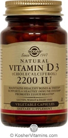 Solgar Kosher Vitamin D3 (Cholecalciferol) 2200 IU 100 Vegetable Capsules