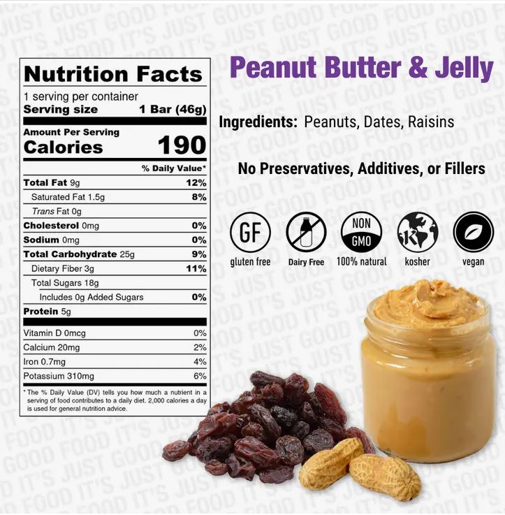 RBar Energy Kosher Peanut Butter & Jelly Energy Bar 1.6 Oz Gluten