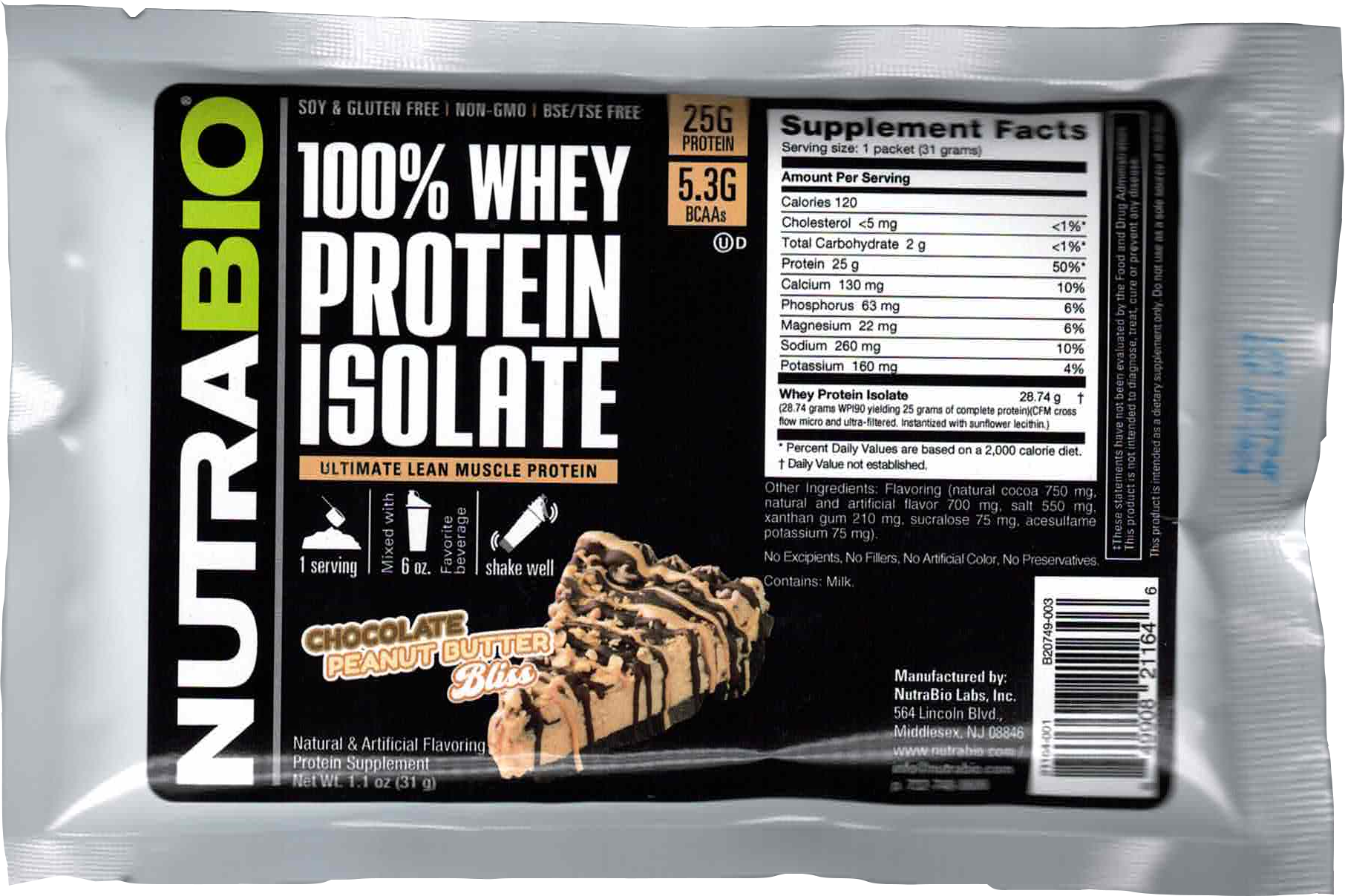 NutraBio Kosher 100 Whey Protein Isolate Chocolate Peanut Butter Bliss
