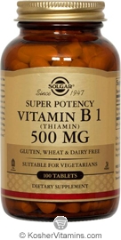 Solgar Kosher Vitamin B1 (Thiamin) 500 Mg 100 Tablets - Koshervitamins.com